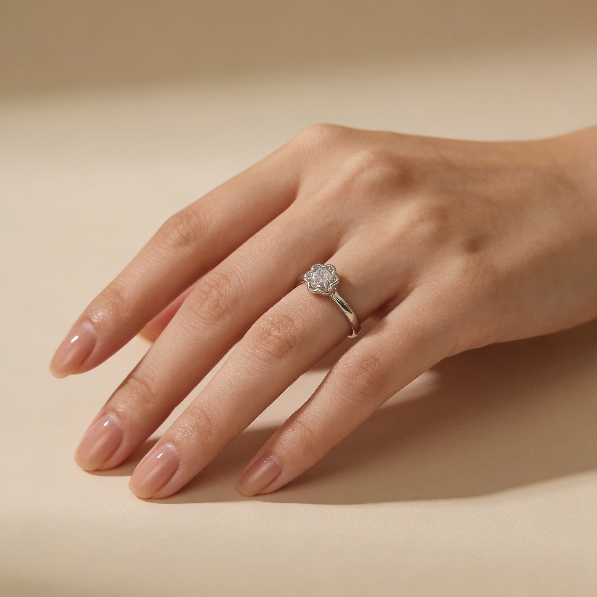 Zyrene Nira 925 silver flower ring worn on hand for daily wear styling