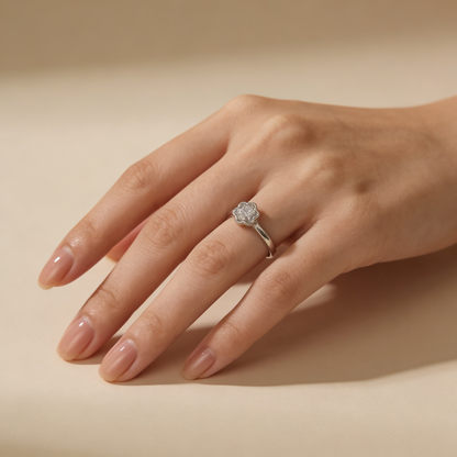 Zyrene Nira 925 silver flower ring worn on hand for daily wear styling