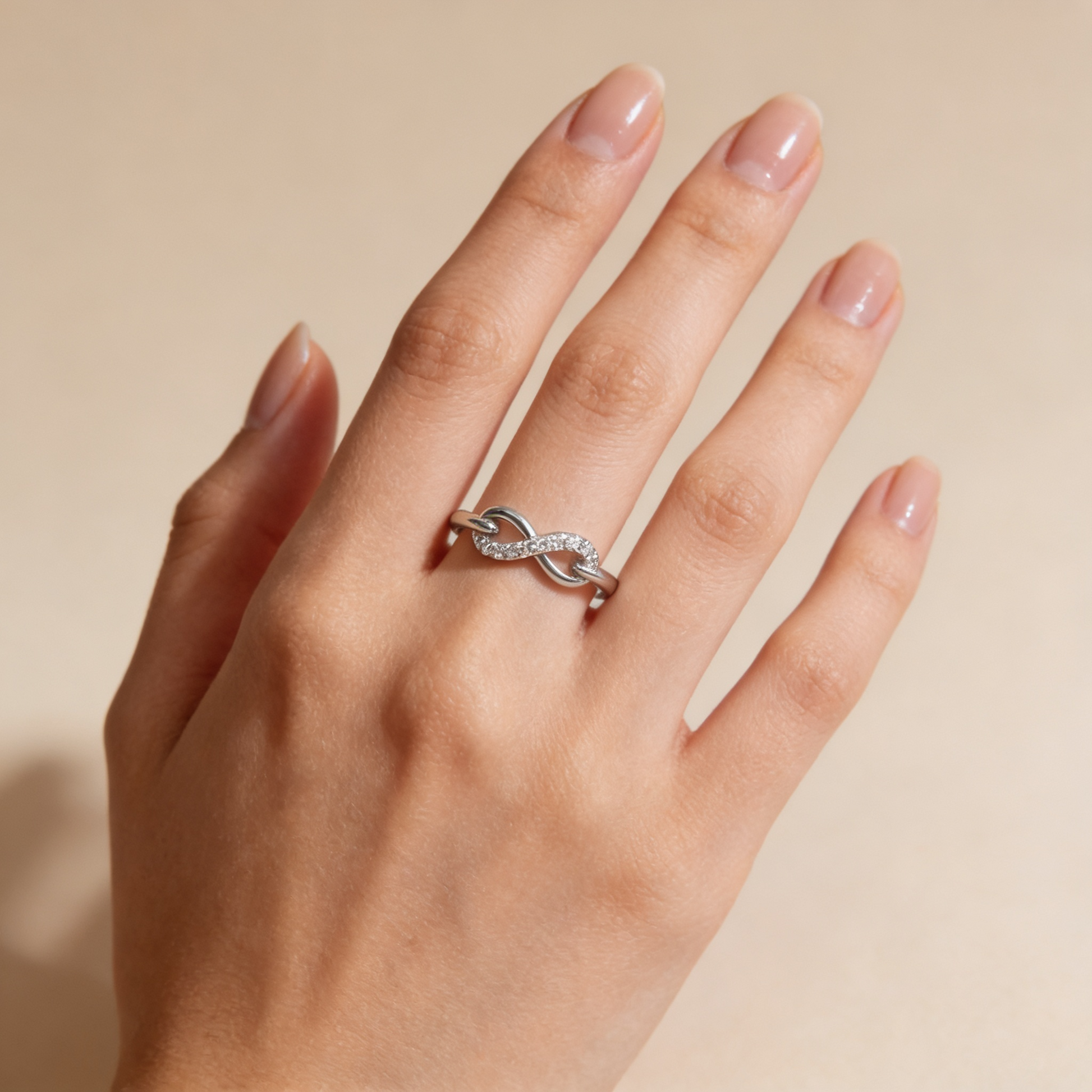Zyrene Noor 925 silver infinity ring worn on hand for daily wear styling