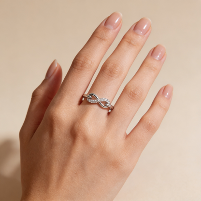 Zyrene Noor 925 silver infinity ring worn on hand for daily wear styling