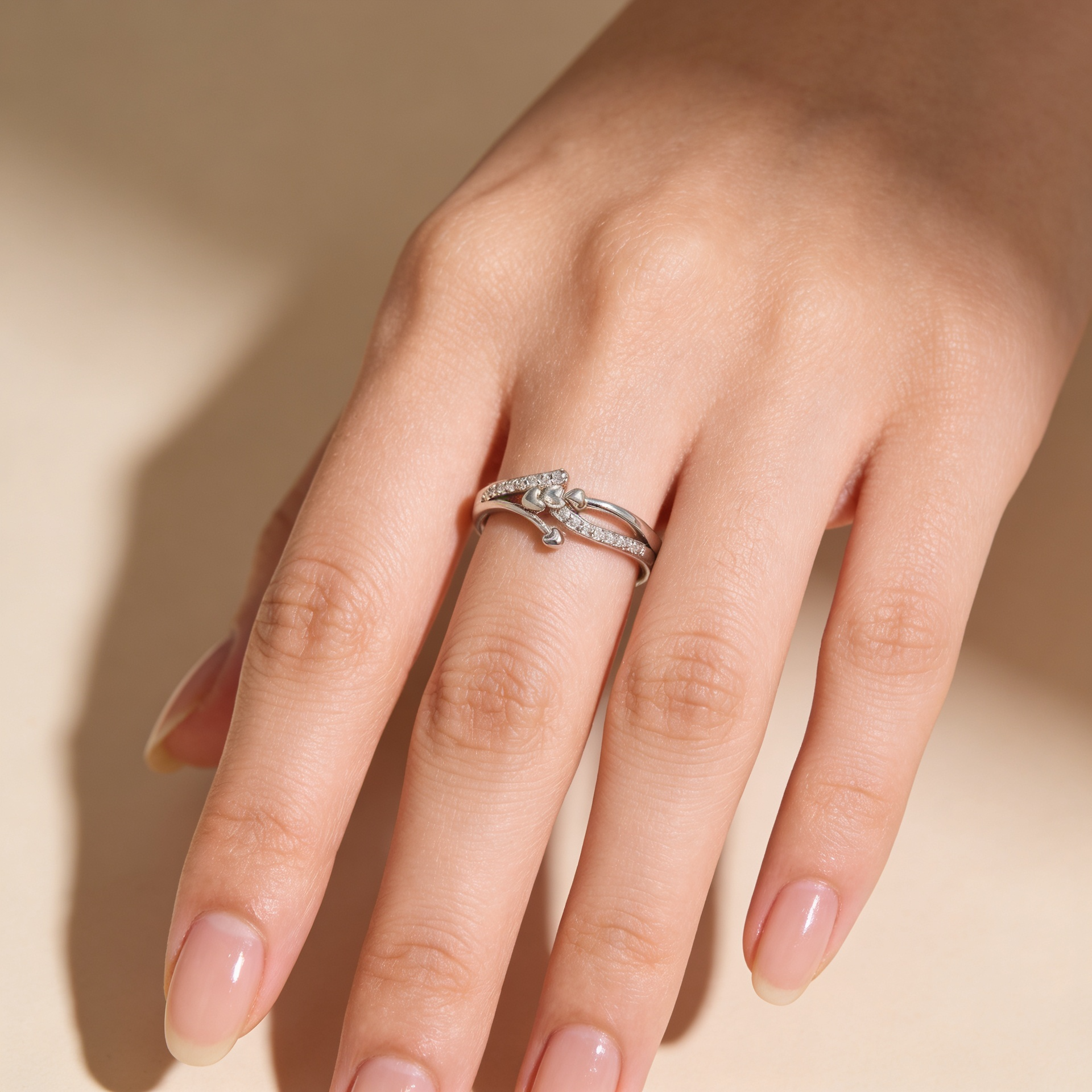 Zyrene Reva 925 silver heart ring worn on hand for daily wear styling