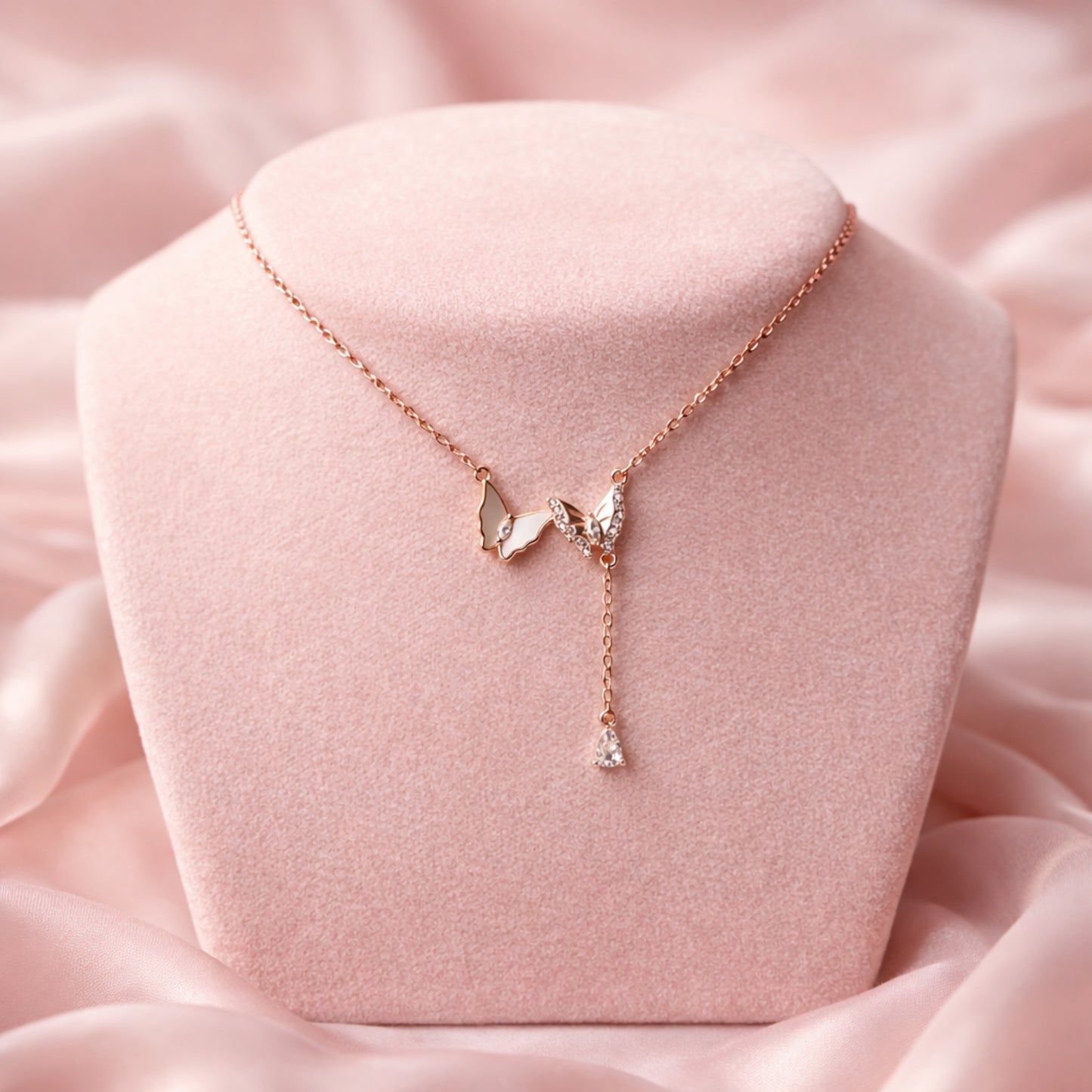 Papilloné™ by Zyrene – Crystal Butterfly Necklace | Rose-Gold Luxe | 925 Sterling Silver | Soft-Girl Elegance