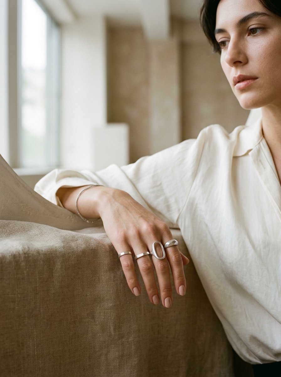 Hand adorned with contemporary architectural silver rings